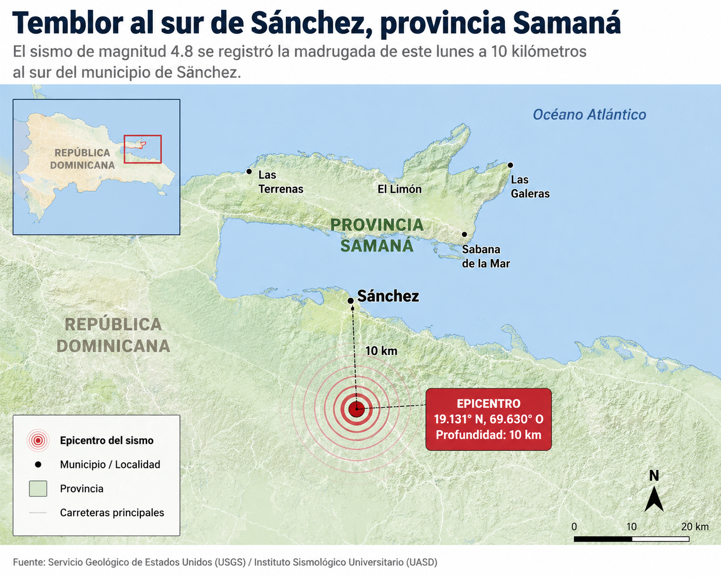 Sismo de magnitud 4.8 sacude la provincia Samaná durante la madrugada