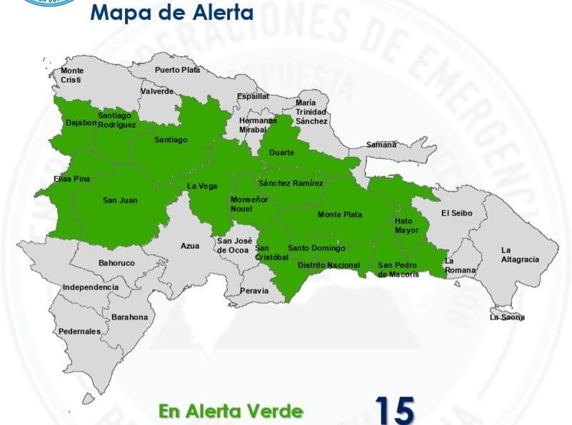 COE mantiene alerta verde en 14 provincias y el Distrito Nacional por lluvias de una vaguada